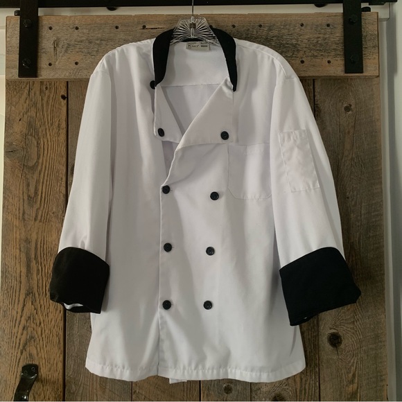Men’s M KNG Executive Chef Coat Black Contrast Double Breasted Mandarin Collar - Picture 3 of 16